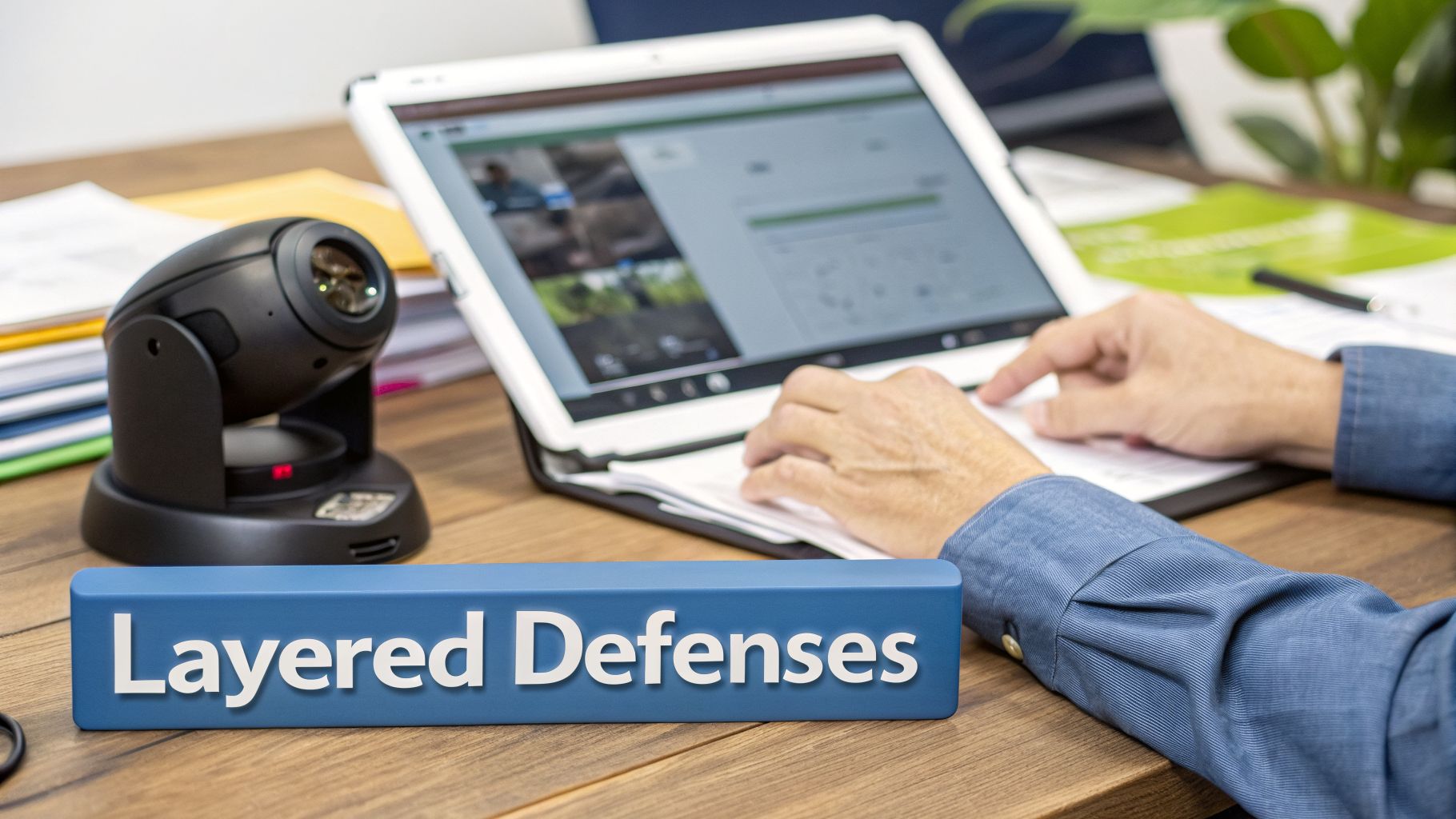 Modern workspace with video conferencing setup, a tablet, a camera, and a 'Layered Defenses' sign.