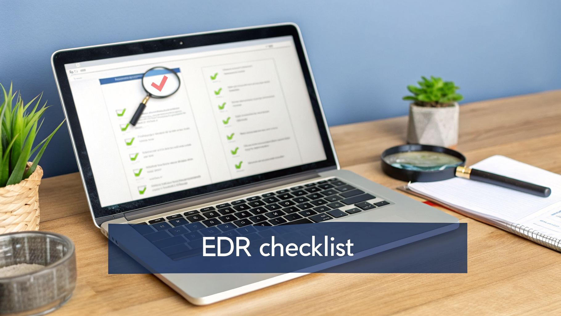 A laptop displaying an EDR checklist with green checkmarks and a magnifying glass on a wooden desk.