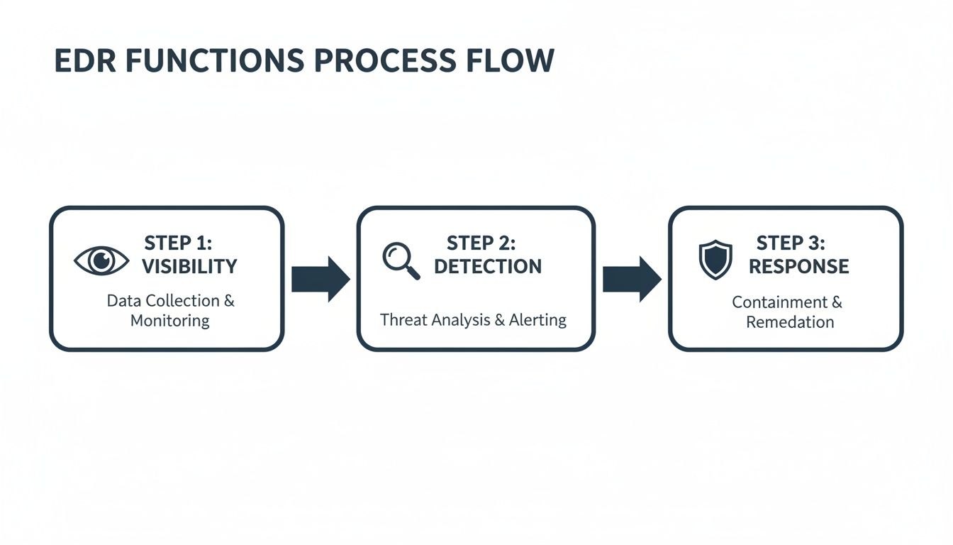 An EDR functions process flow diagram illustrating three steps: visibility, detection, and response.