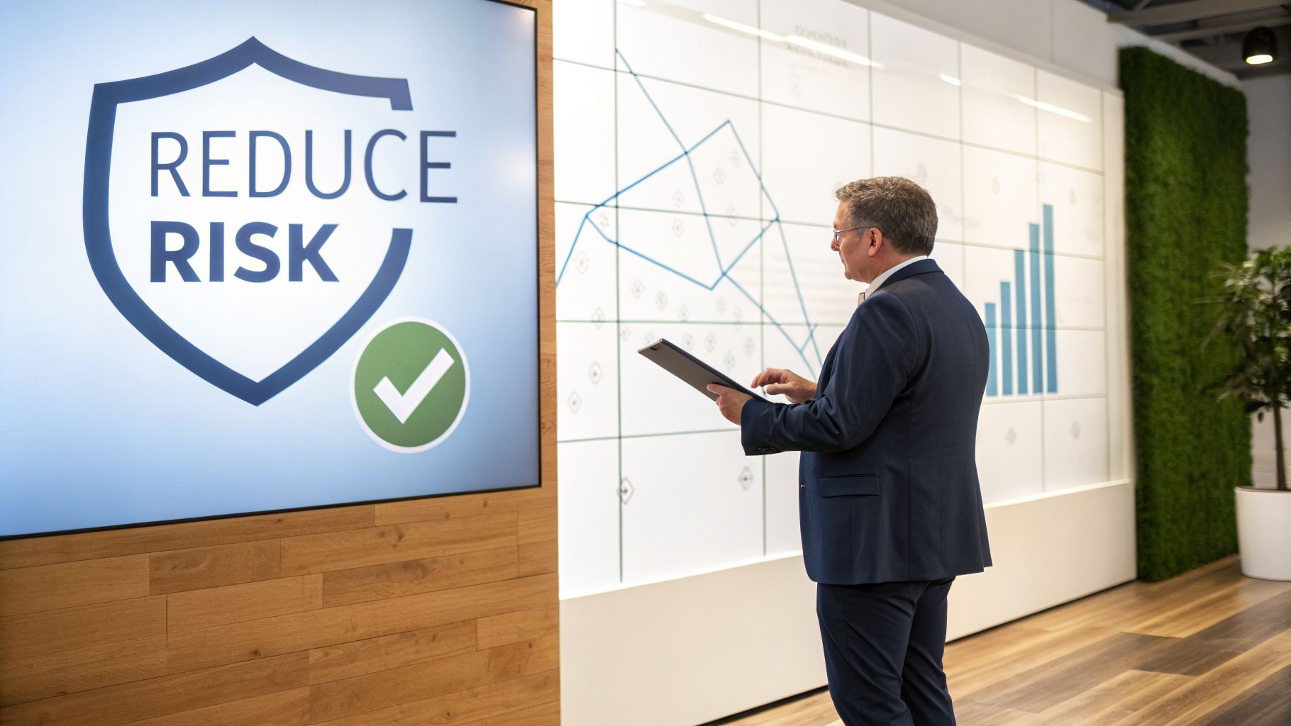 Businessman analyzing 'REDUCE RISK' display and data visualizations in a modern office setting.