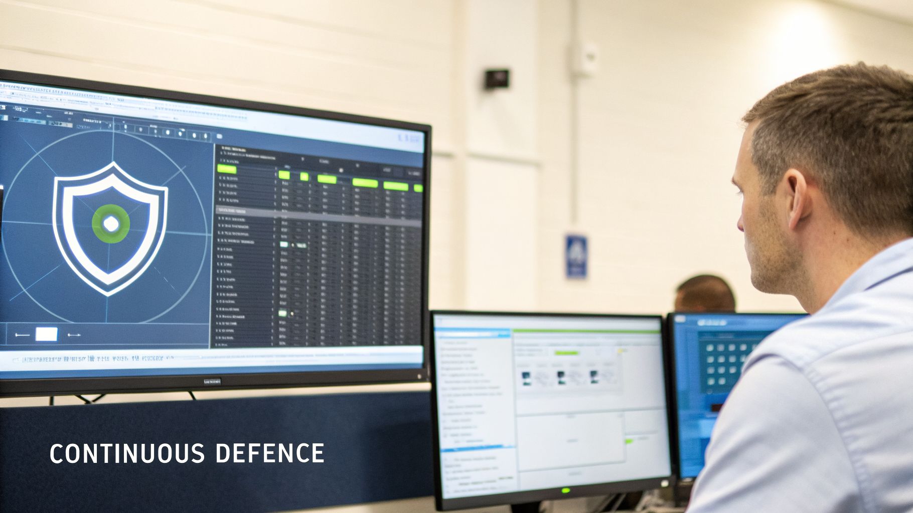 A man monitors multiple computer screens displaying a cybersecurity shield and data in a control room, for continuous defense.