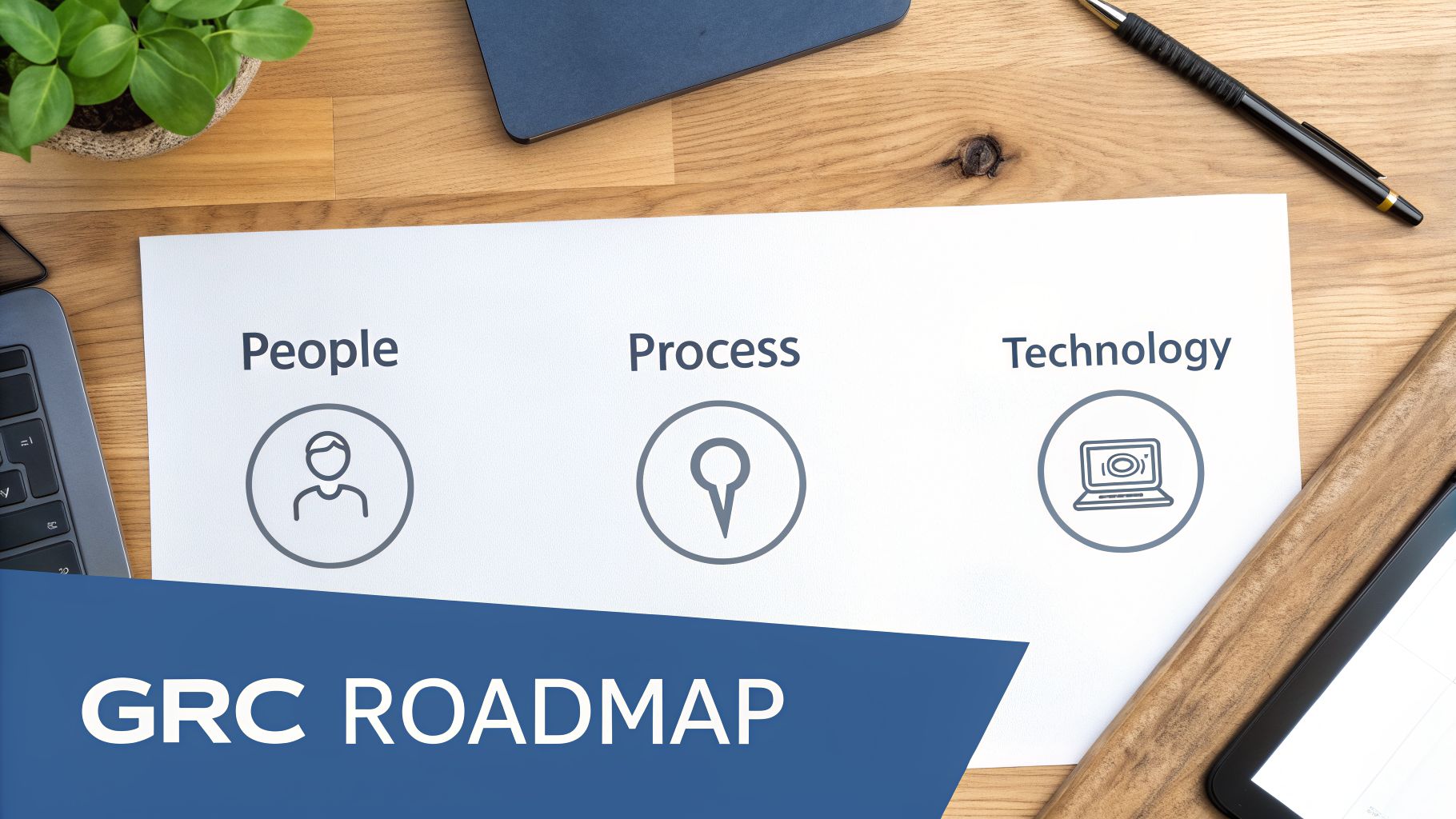 Overhead view of a GRC roadmap document on a wooden desk, highlighting People, Process, and Technology pillars.