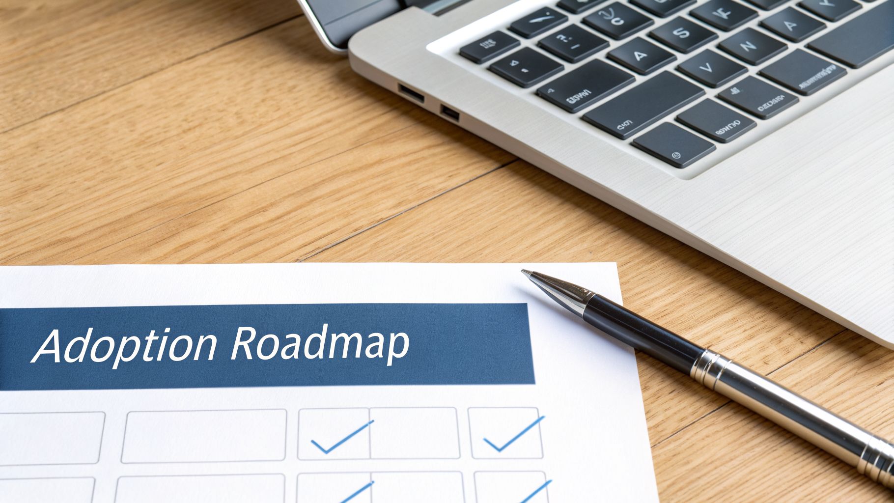 A close-up of a document titled 'Adoption Roadmap' with checkboxes, a pen, and a laptop on a wooden desk.