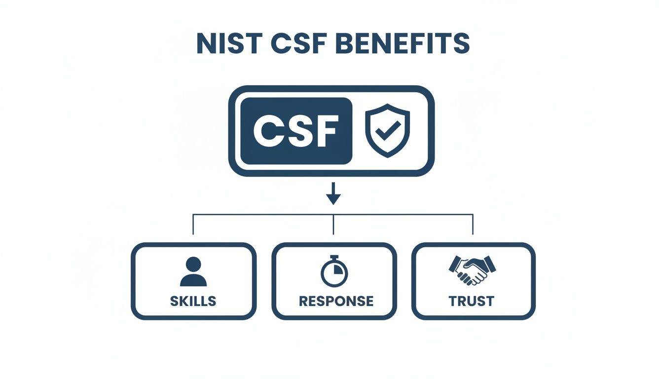 Diagram illustrating the NIST CSF benefits, including skills, response time, and trust.