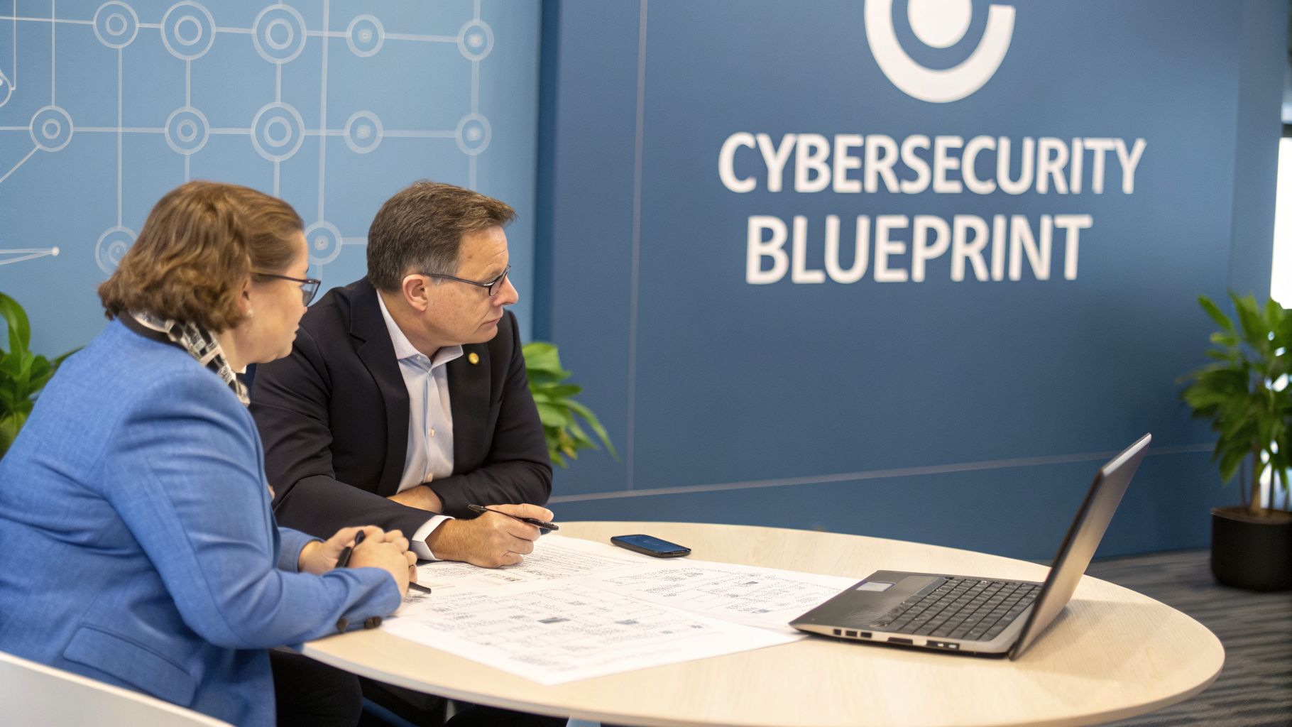 Two professionals discuss the cybersecurity blueprint at a meeting table with a laptop and documents.