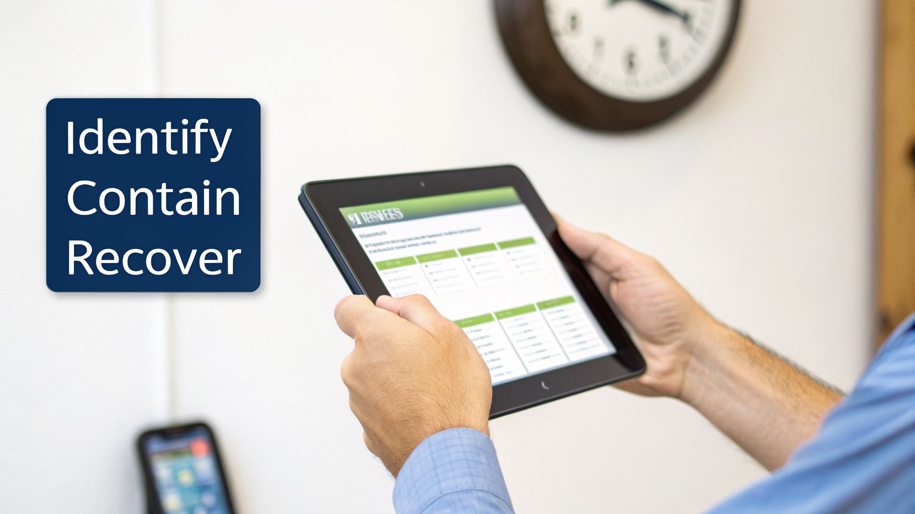 Hands hold a tablet displaying an application, with 'Identify Contain Recover' on a blue sign.