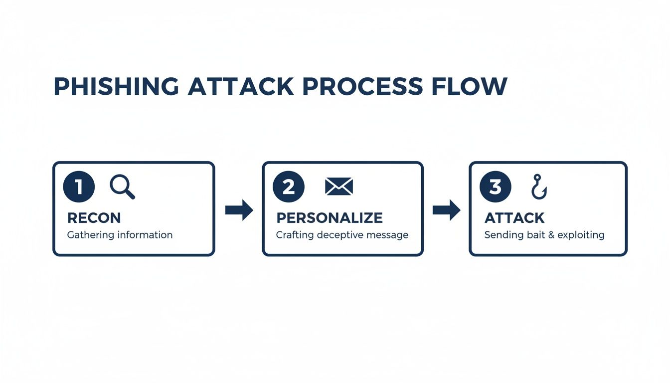 A diagram illustrates the three-step phishing attack process: Recon, Personalize, and Attack.