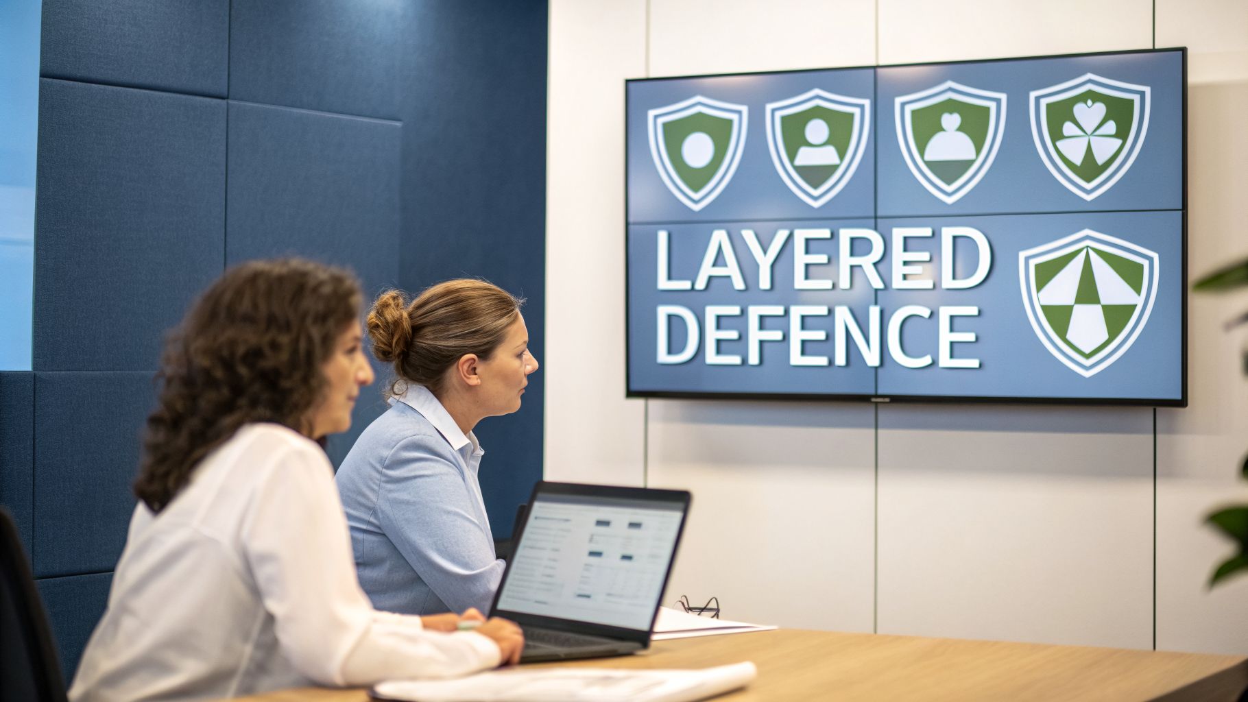Two women in a meeting room looking at a screen displaying 'Layered Defence' and shield icons.