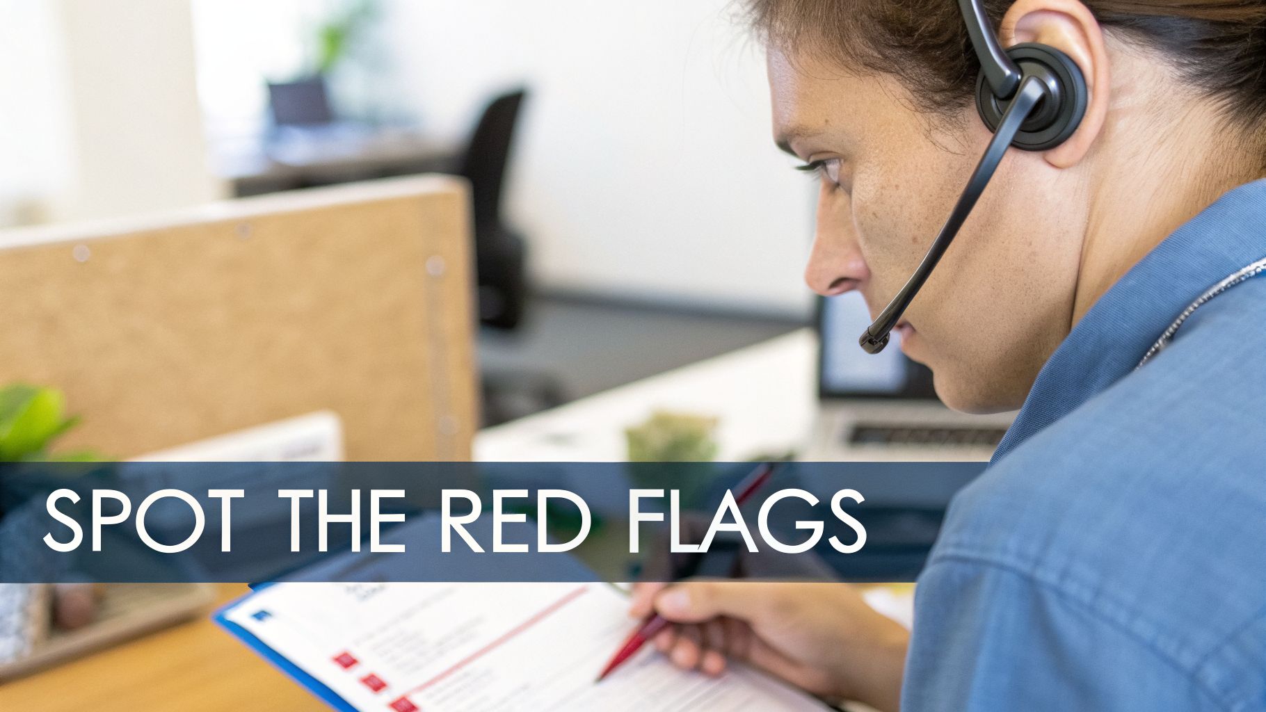 Person wearing a headset looking down at a document, identifying red flags in an office.