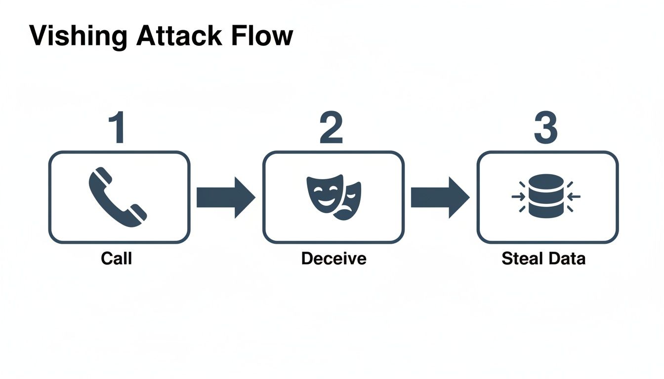 Flowchart illustrating the three sequential steps of a vishing attack: call, deceive, and steal data.