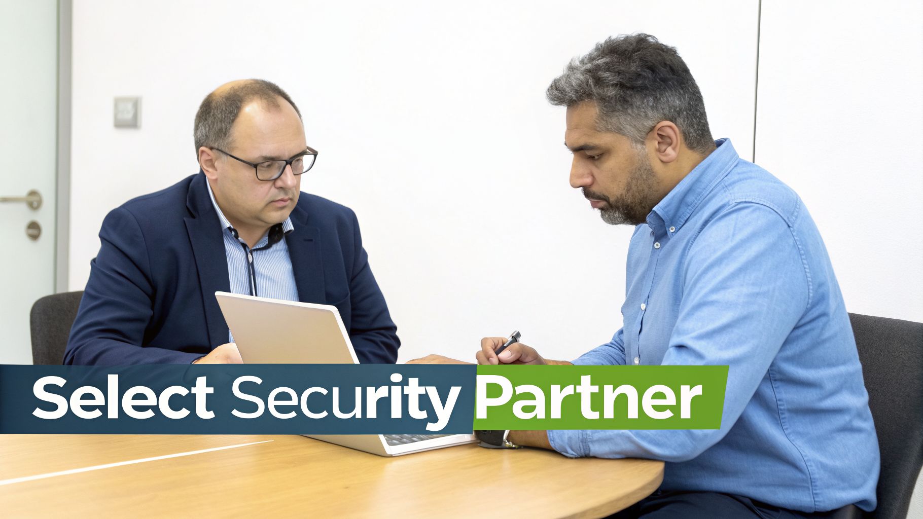 Two business professionals discussing security solutions during a meeting, with a laptop on the table.