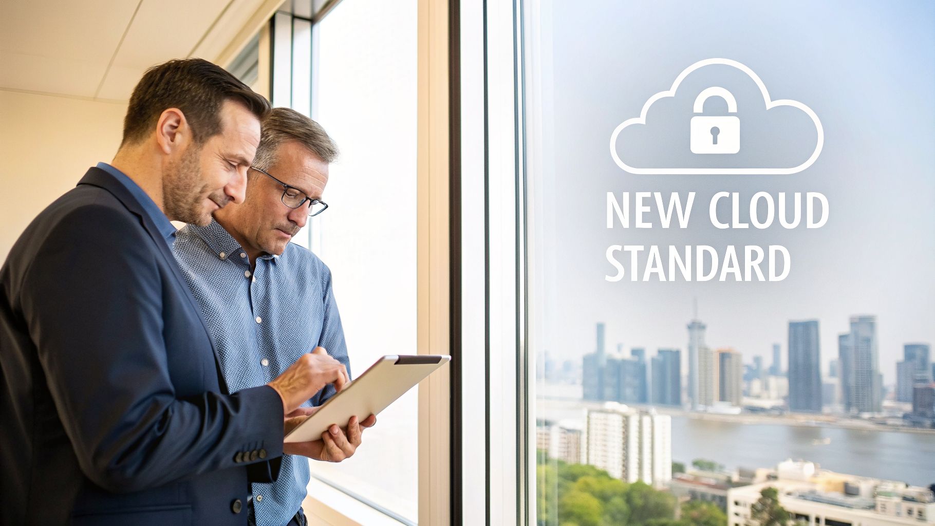 Two businessmen discuss cloud computing security using a tablet in an office overlooking a city.