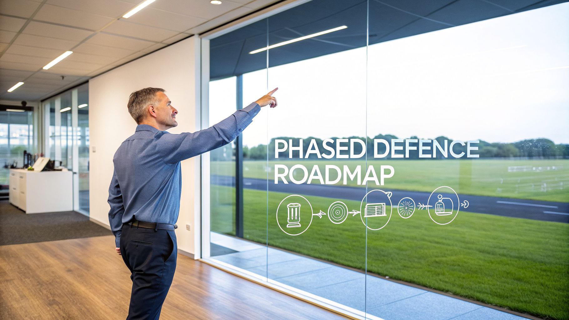A man points at a glass wall in an office, presenting a 'Phased Defence Roadmap' with strategic icons.