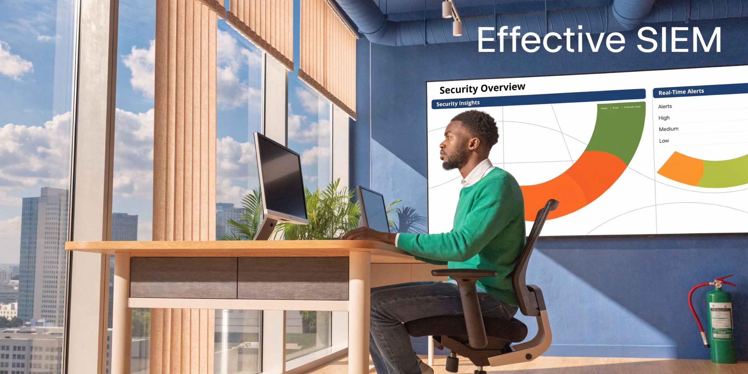 A professional working at a desk in a modern office, analyzing security data on a large monitor.
