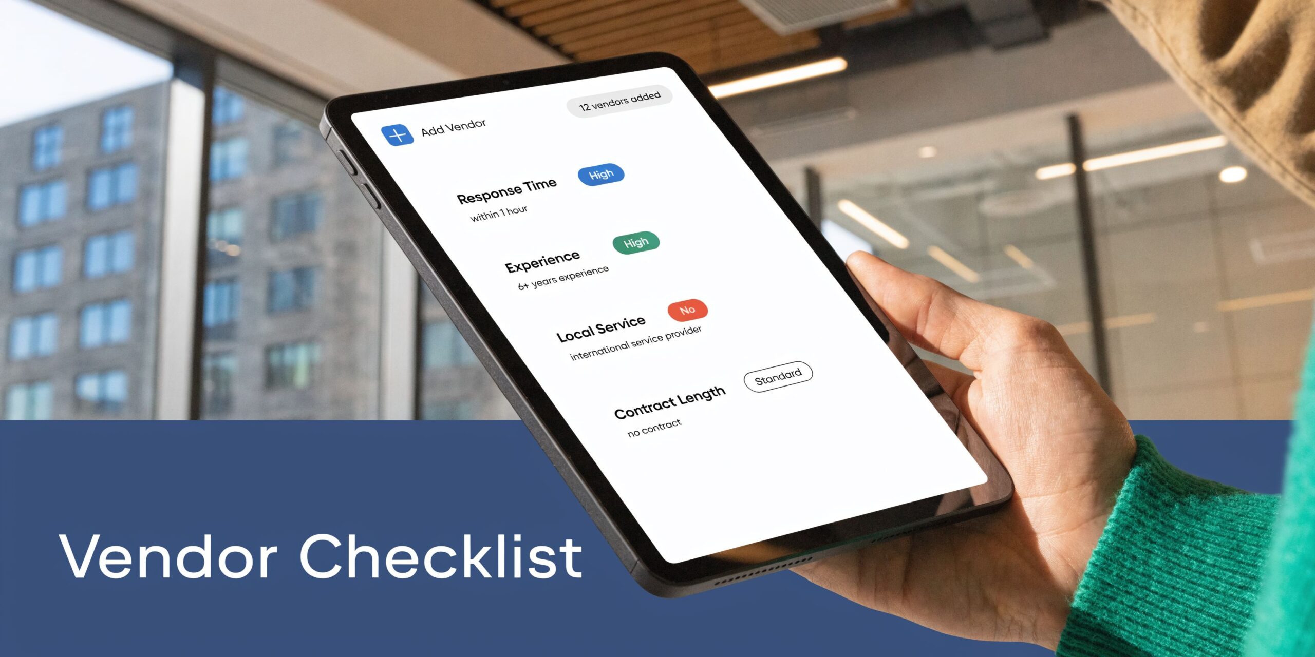 A person holding a tablet showing a vendor checklist application for managed security service evaluation.