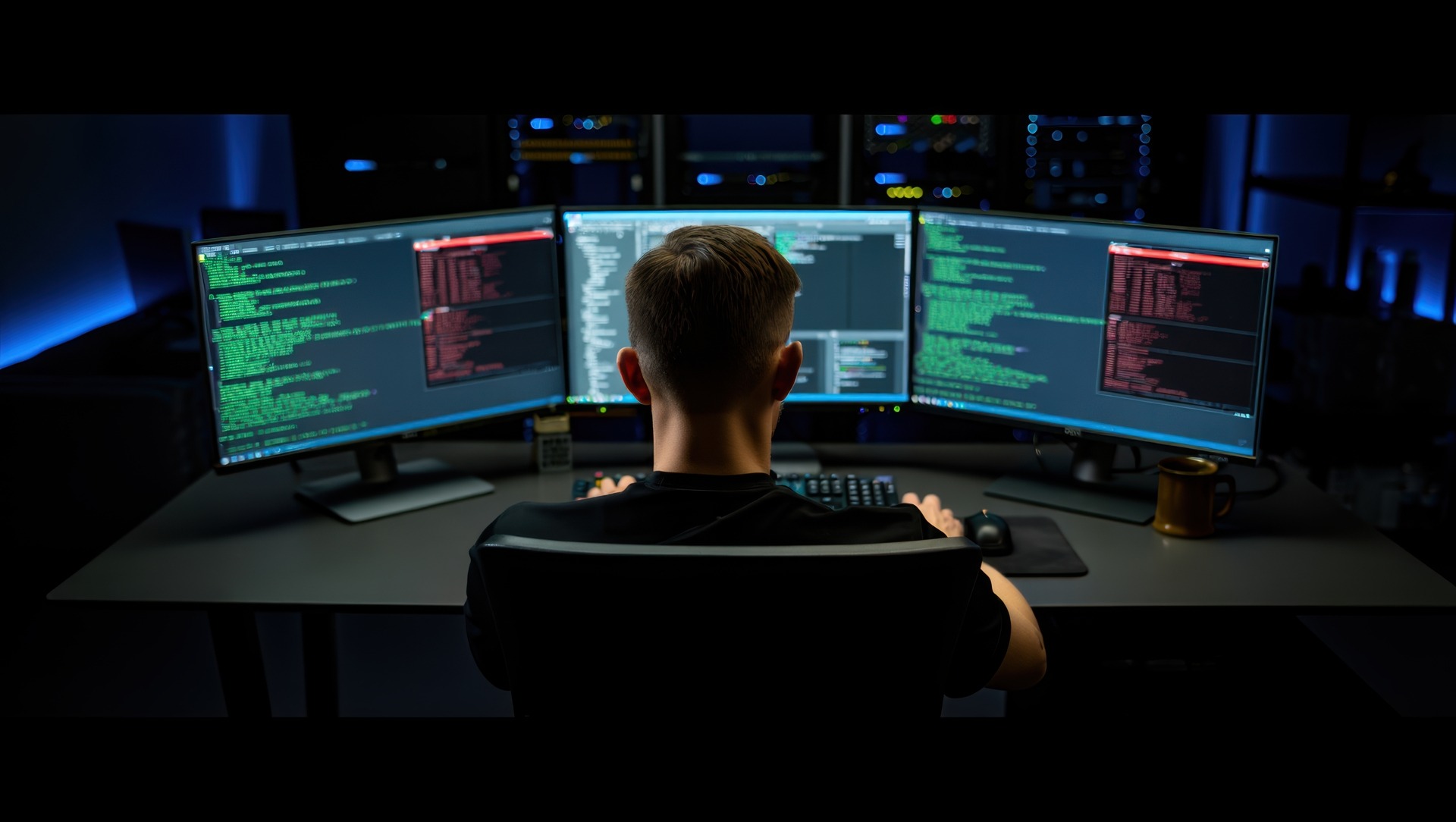 Security analyst running pen testing as a service across multiple monitors in a dark operations environment