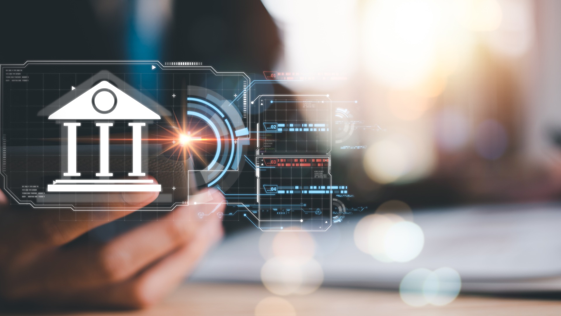 Essential Eight for Financial Services Australia Digital banking interface with financial institution icon representing Essential Eight compliance for Australian financial services organisations