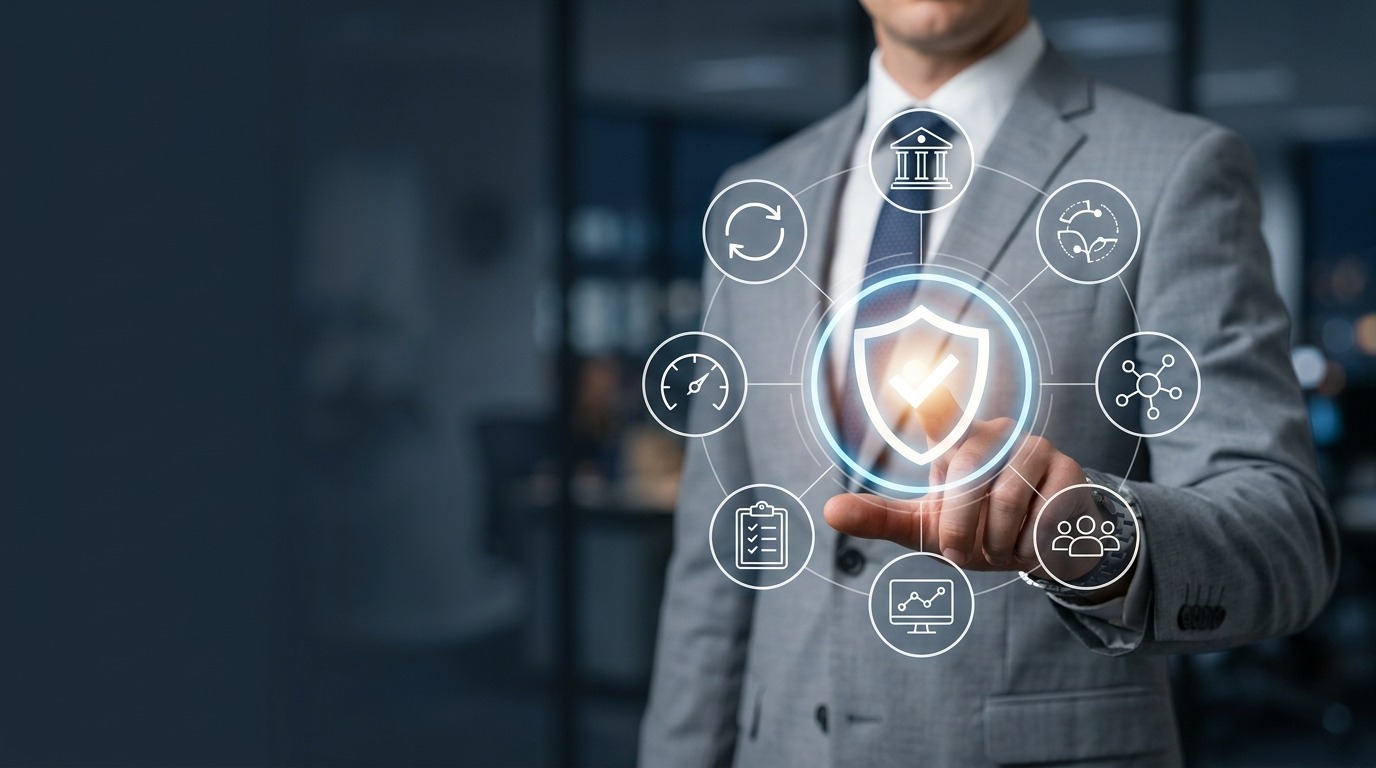 Businessman touching an APRA CPS 230 operational risk and compliance dashboard with governance, continuity and service provider icons.